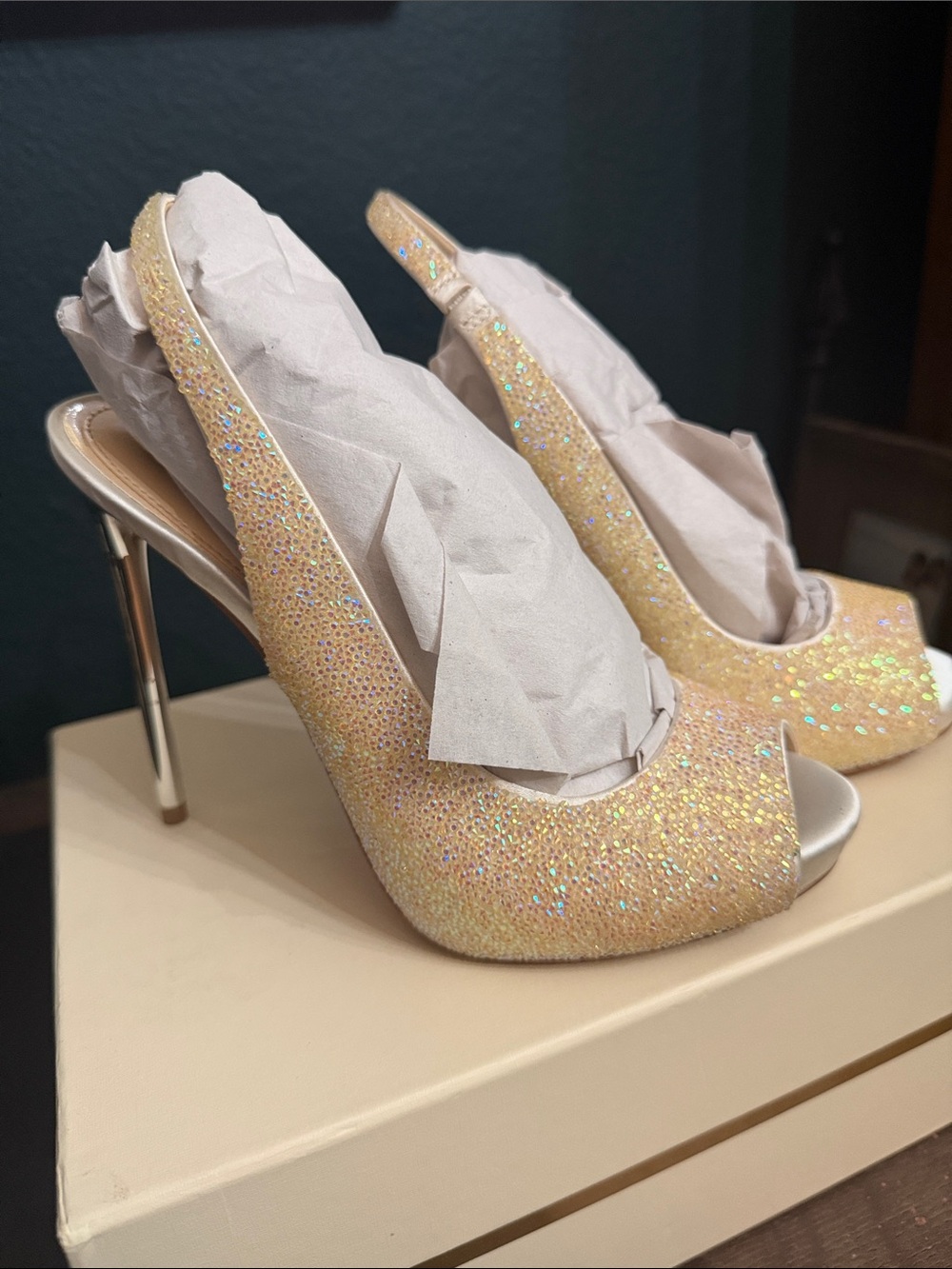 Vince Camuto Gold Glitter Peep-Toe Slingback Heels